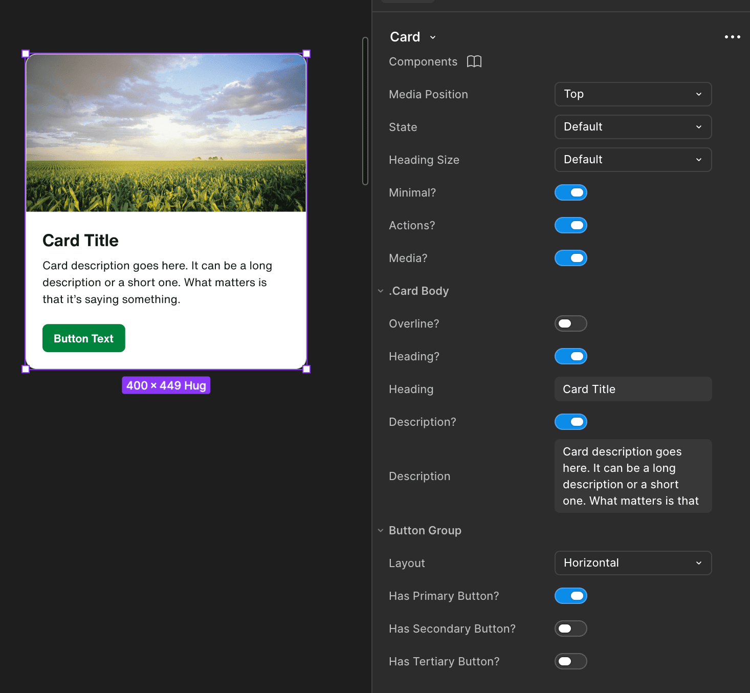 Figma properties panel for the Sprout card component showing show/hide toggles and layout options