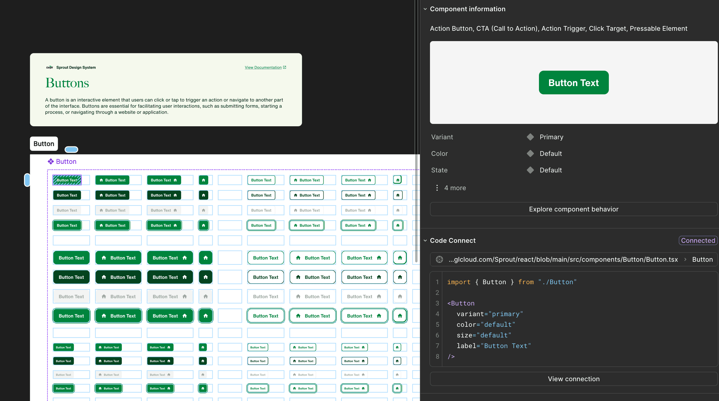 Figma panel showing Sprout's Button component connected to its React implementation via Code Connect