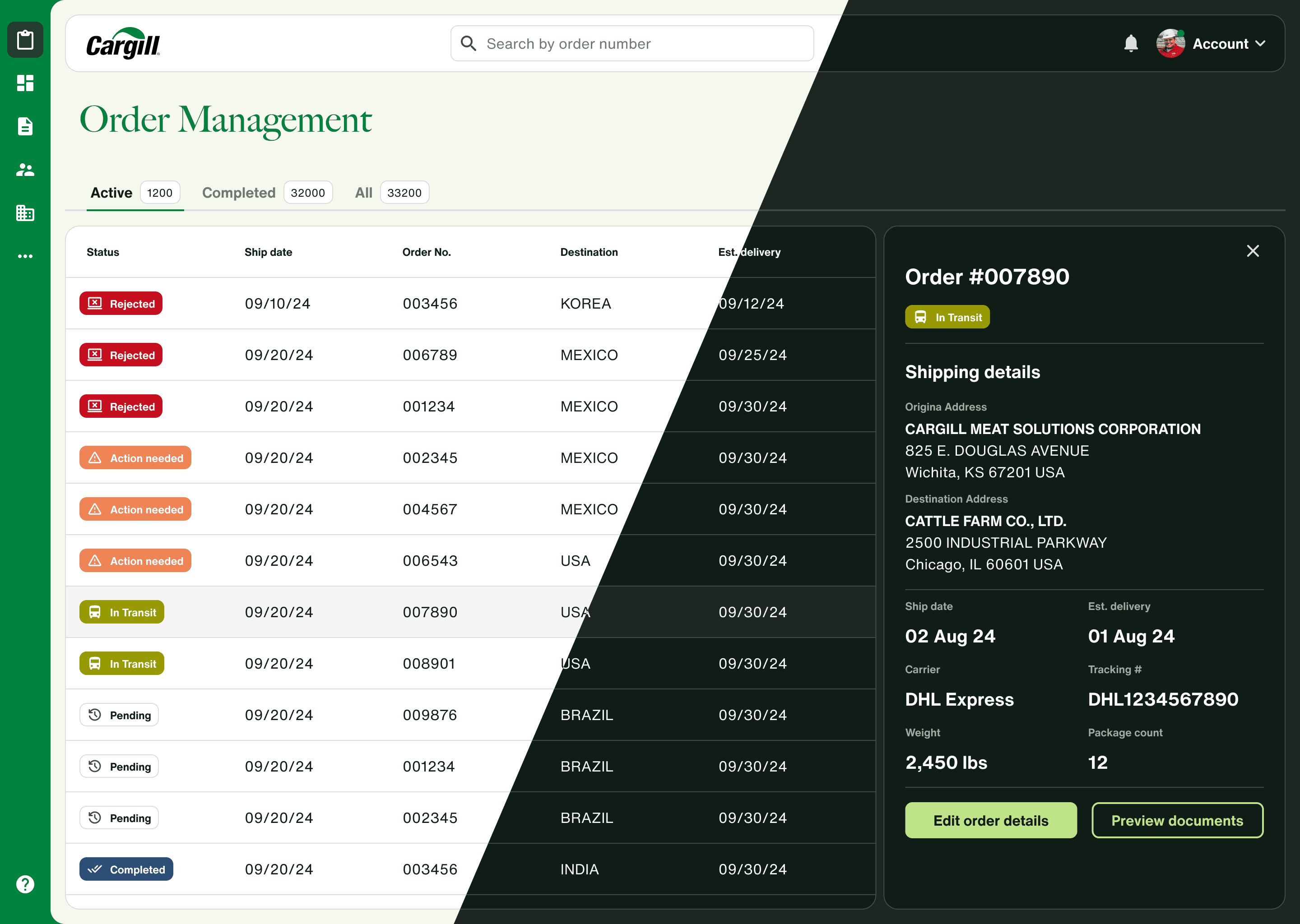 Sprout's Order Management interface shown side-by-side in light and dark mode