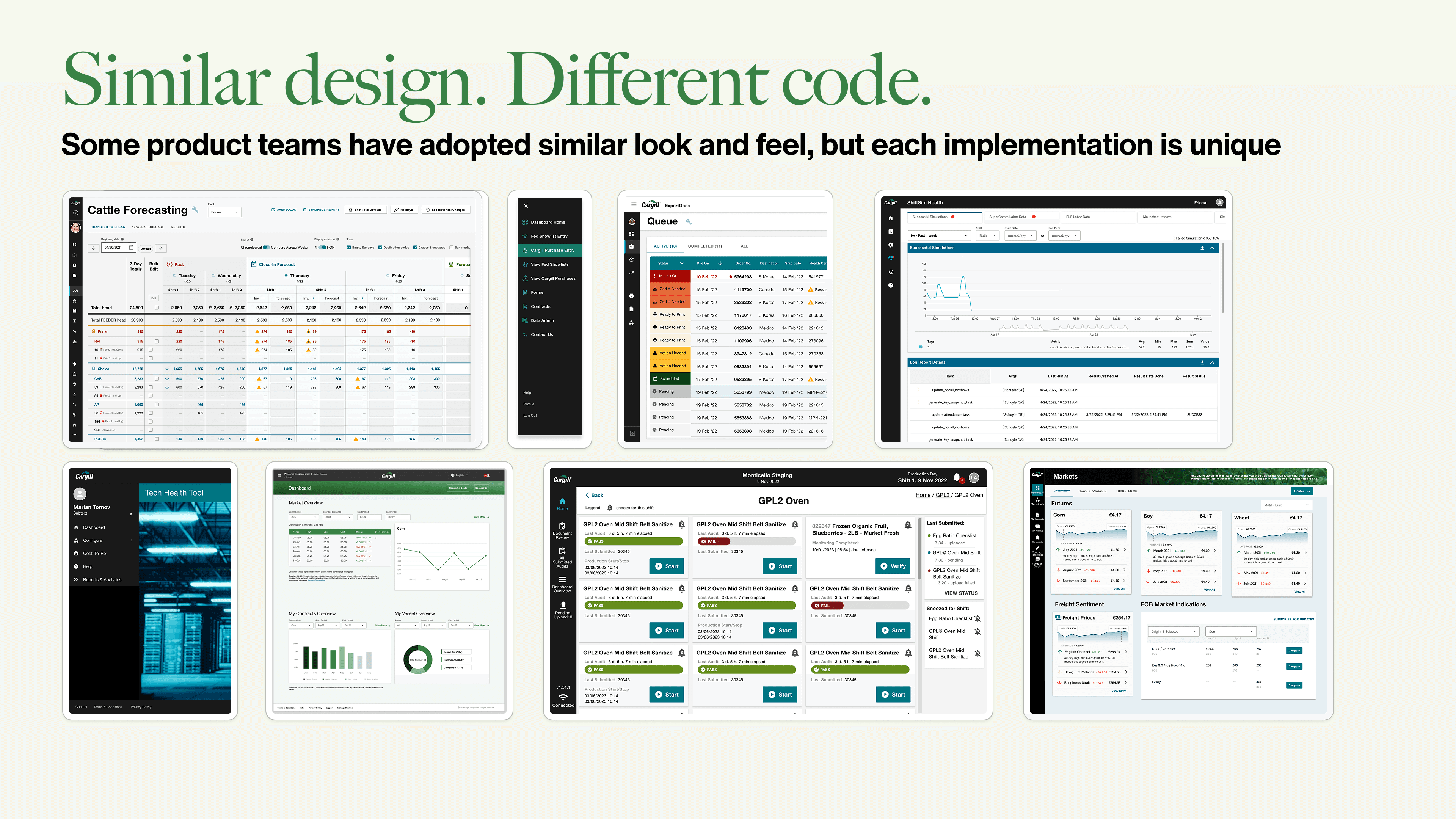 Slide showing multiple Cargill product UIs with similar visual design but built on separate codebases